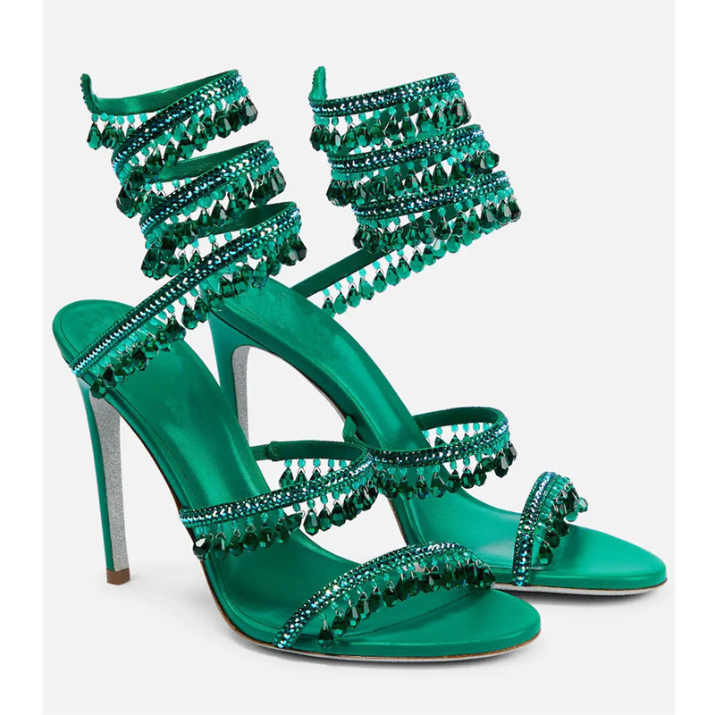 Peep Toe Heels - Sexy Green Crystal Fringe Stiletto Sandals