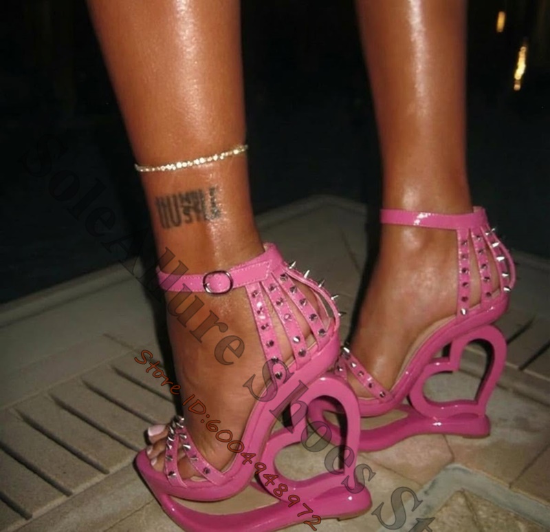 Peep Toe Heels - Hot Pink Spike Stud Caged Heart