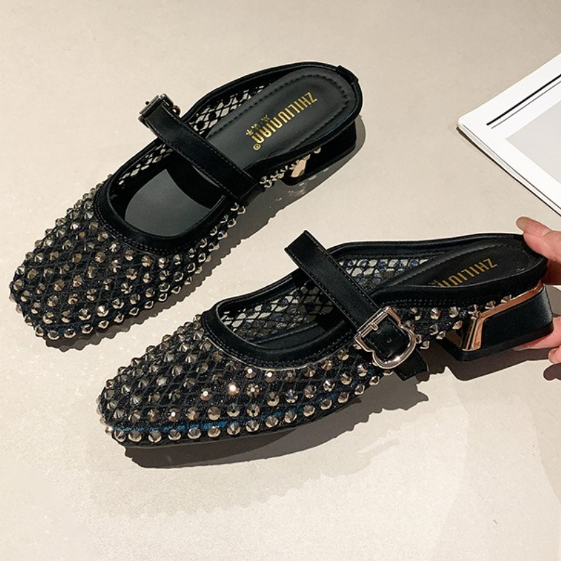 Rhinestone Sandal Women - Mesh Rhinestone Chunky Heel Mules Slippers
