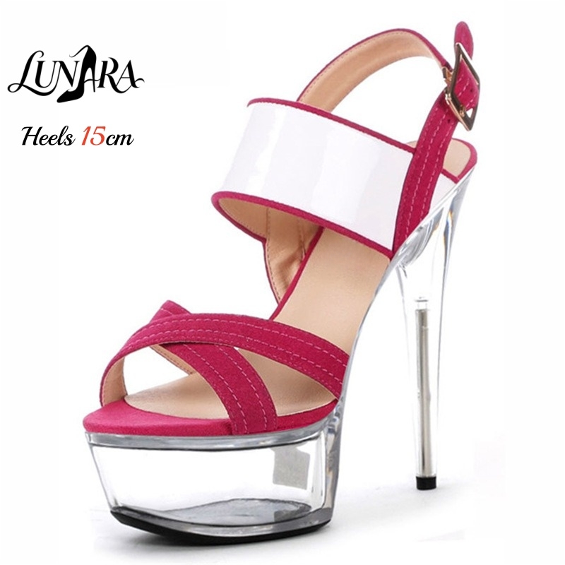 Ankle Strap Heels - 15cm/6Inch Clear Platform Stiletto Sandals Pink