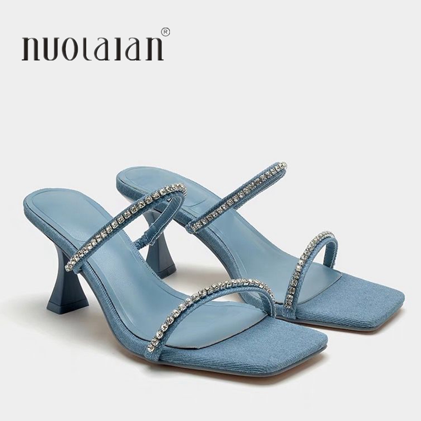 Denim Rhinestone Heels Sandals - đánh giá và giá Women Shoes Jeans