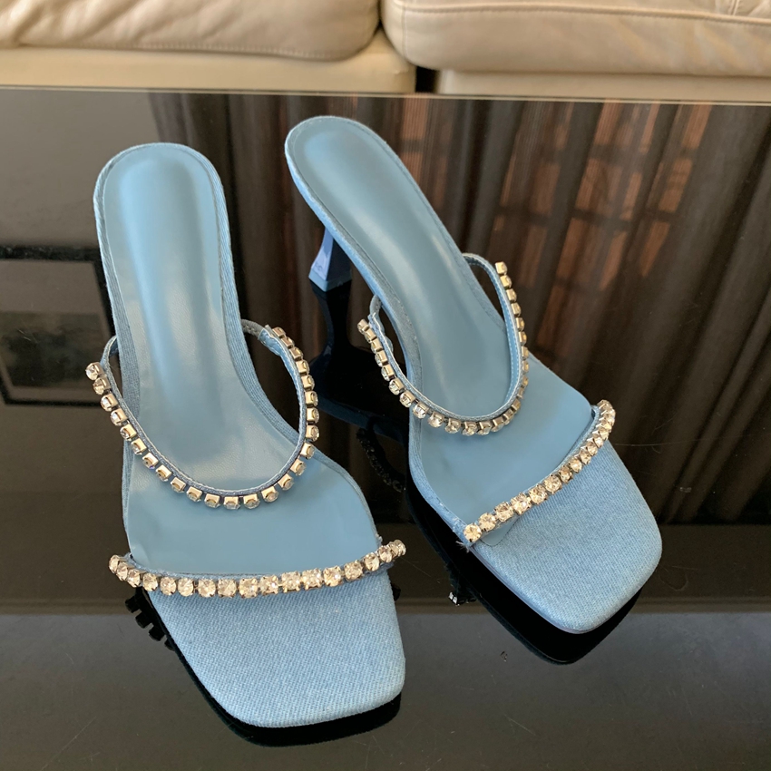 Denim Rhinestone Heels Sandals - đánh giá và giá Women Shoes Jeans