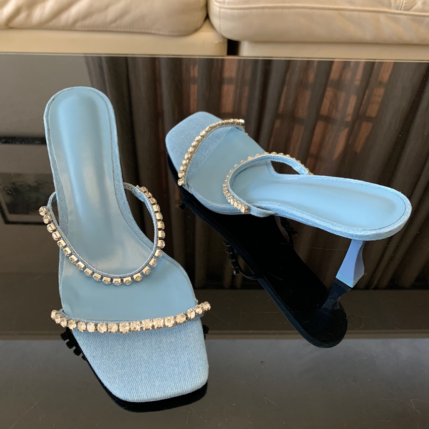 Denim Rhinestone Heels Sandals - đánh giá và giá Women Shoes Jeans
