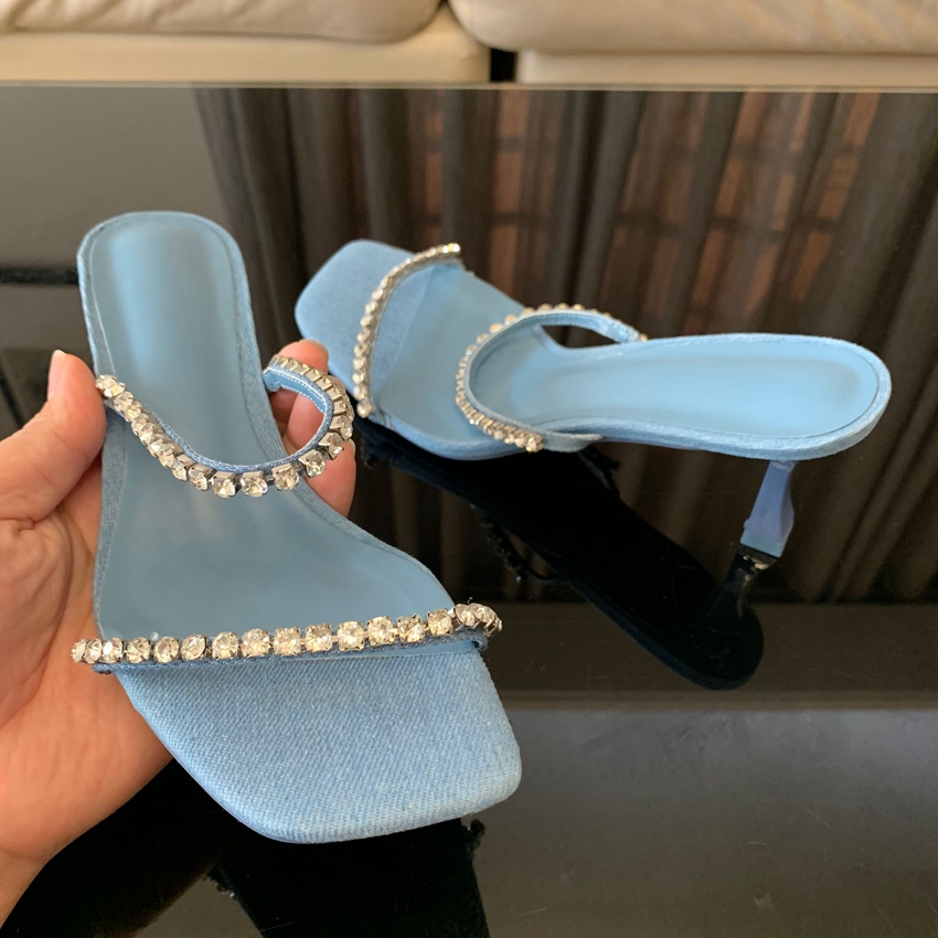 Denim Rhinestone Heels Sandals - đánh giá và giá Women Shoes Jeans