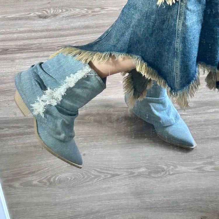 Pleated Denim Ankle Boots Wome - đánh giá và giá Women Shoes Jeans